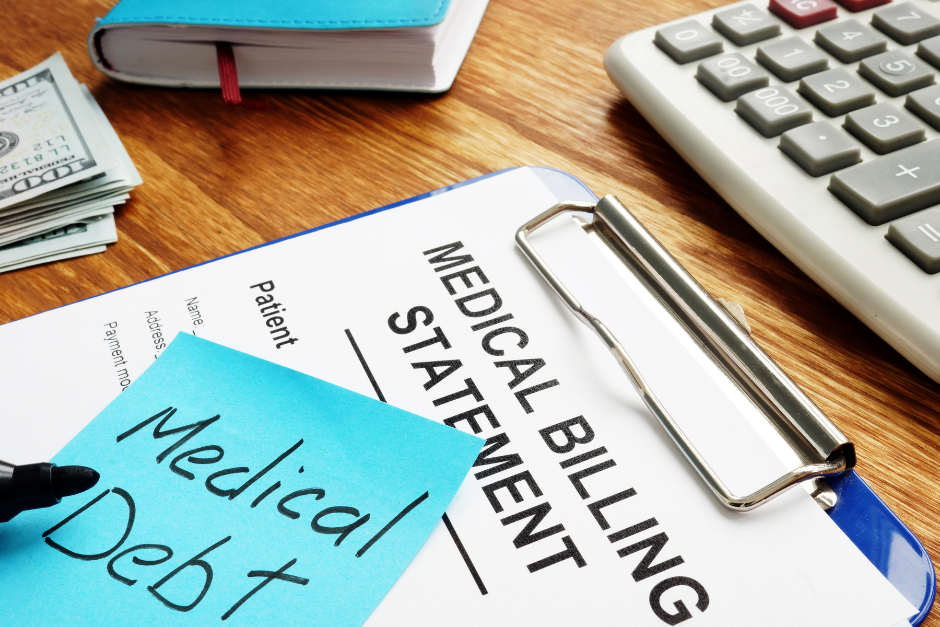 Medical bills on a desk representing overwhelming medical debt. Homesmith helps homeowners facing medical expenses sell their property quickly for cash, simplifying the process and alleviating financial stress.